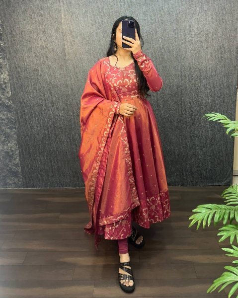 Gleaming Wine Banarasi Tissu Embroidered Gown Set for South Indian Wedding Wearing  Kurti With Dupatta Wholesale