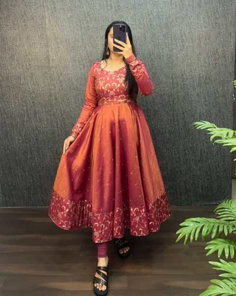 Gleaming Wine Banarasi Tissu Embroidered Gown Set for South Indian Wedding Wearing  Kurti With Dupatta Wholesale