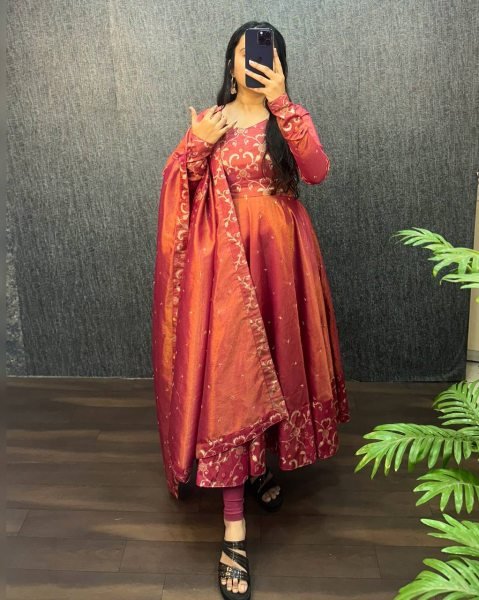 Gleaming Wine Banarasi Tissu Embroidered Gown Set for South Indian Wedding Wearing  Kurti With Dupatta Wholesale