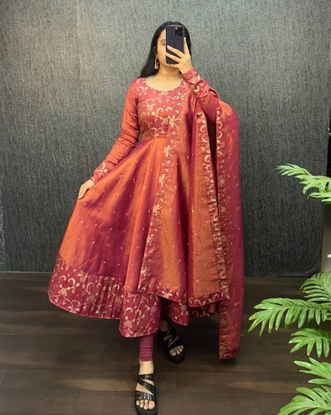 Gleaming Wine Banarasi Tissu Embroidered Gown Set for South Indian Wedding Wearing  Kurti With Dupatta Wholesale