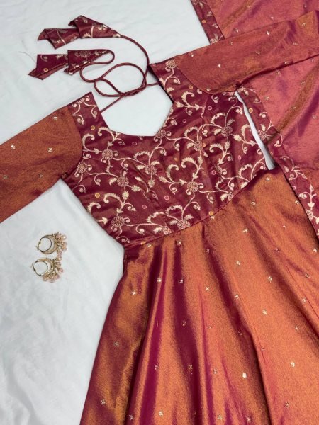 Gleaming Wine Banarasi Tissu Embroidered Gown Set for South Indian Wedding Wearing  Kurti With Dupatta Wholesale