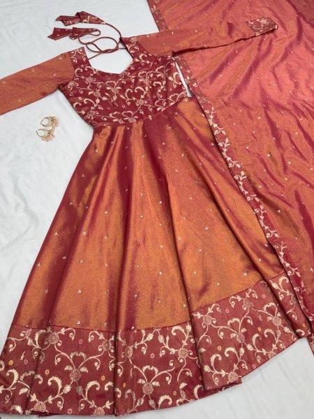 Gleaming Wine Banarasi Tissu Embroidered Gown Set for South Indian Wedding Wearing  Kurti With Dupatta Wholesale