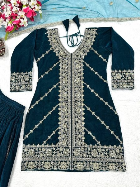 Glittering Winter Wear Velvet Sharara Palazzo Set with Butterfly Net Dupatta for Luxurious Festive Look Ready To Wear Collection