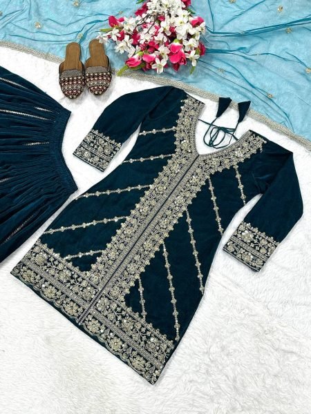 Glittering Winter Wear Velvet Sharara Palazzo Set with Butterfly Net Dupatta for Luxurious Festive Look Ready To Wear Collection