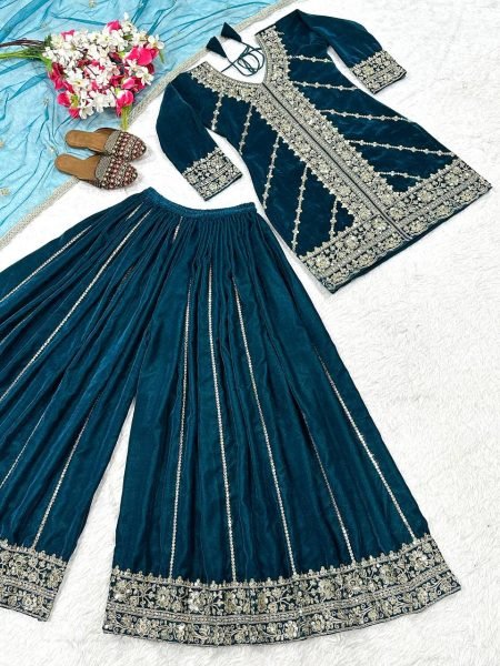 Glittering Winter Wear Velvet Sharara Palazzo Set with Butterfly Net Dupatta for Luxurious Festive Look Ready To Wear Collection