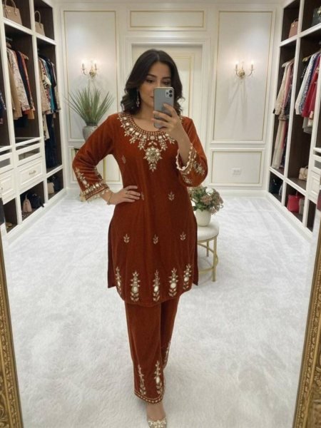 Glorious Brown Ready to Wear Velvet Co-Ord Sets for Perfect for Winter