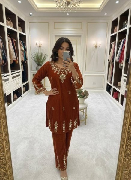 Glorious Brown Ready to Wear Velvet Co-Ord Sets for Perfect for Winter CO ORD Sets
