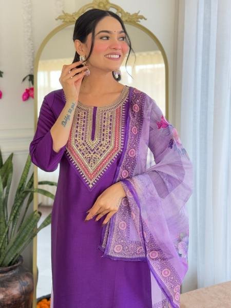 Glorious Purple Rayon Embroidered Kurti Pant with Dupatta At Manufacturing Price  –  Straight Cut Long Kurtis