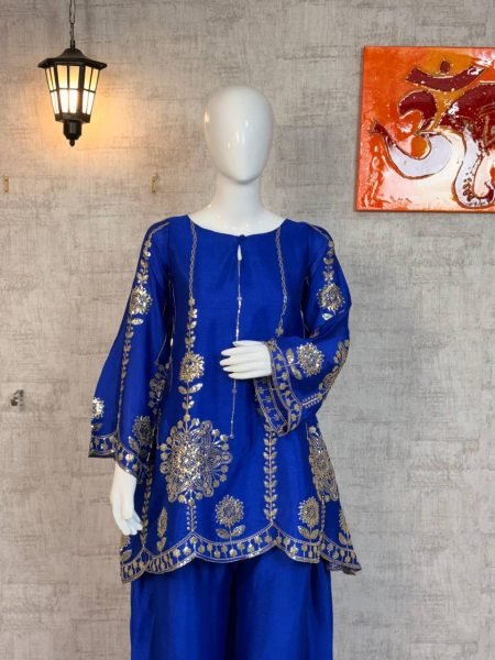 Glorious Royal Blue Chinon Silk Sequins Work Co Ord Set for Party Wear Kurti With Bottom Wholesale