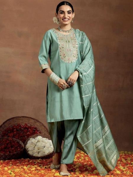 Glorious Sea Green Embroidered Ready-to-Wear Kurti Set for Women Diwali Collection