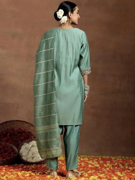 Glorious Sea Green Embroidered Ready-to-Wear Kurti Set for Women 3 Piece Kurti Set
