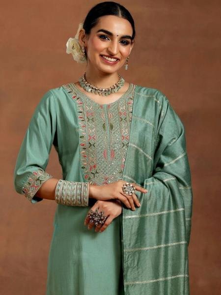 Glorious Sea Green Embroidered Ready-to-Wear Kurti Set for Women 3 Piece Kurti Set