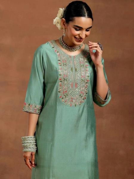 Glorious Sea Green Embroidered Ready-to-Wear Kurti Set for Women 3 Piece Kurti Set