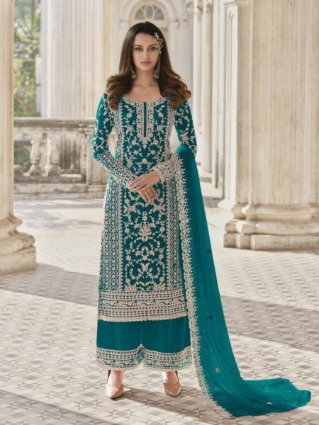 Glorious Teal Blue Functional Wear Pakistani Suit with Matching Bottom and Dupatta at Manufacturer Rate Embroidery Suits Wholesale