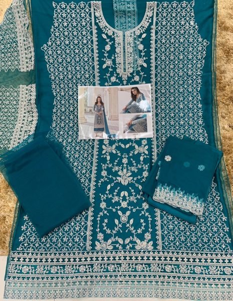 Glorious Teal Blue Functional Wear Pakistani Suit with Matching Bottom and Dupatta at Manufacturer Rate Embroidery Suits Wholesale