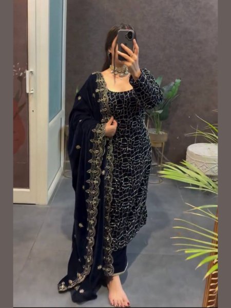 Glorious Velvet Thread and Sequence Work Suit with Matching Pant and Dupatta for Bulk Buyers at Wholesale Rate Winter Wear