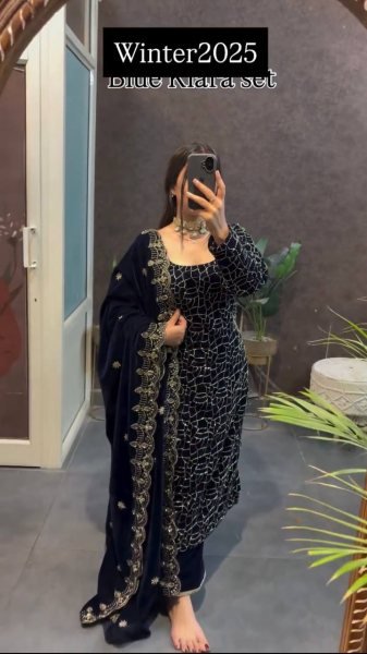 Glorious Velvet Thread and Sequence Work Suit with Matching Pant and Dupatta for Bulk Buyers at Wholesale Rate Winter Wear