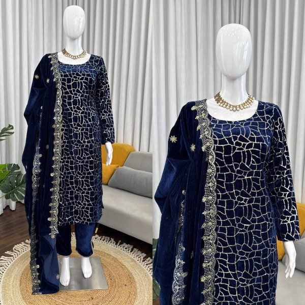 Glorious Velvet Thread and Sequence Work Suit with Matching Pant and Dupatta for Bulk Buyers at Wholesale Rate Winter Wear