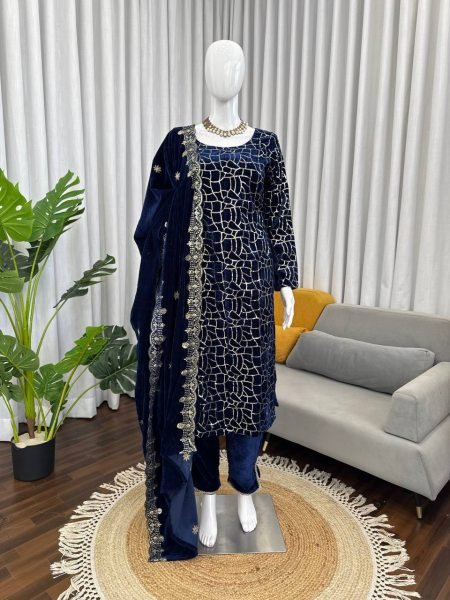 Glorious Velvet Thread and Sequence Work Suit with Matching Pant and Dupatta for Bulk Buyers at Wholesale Rate Winter Wear