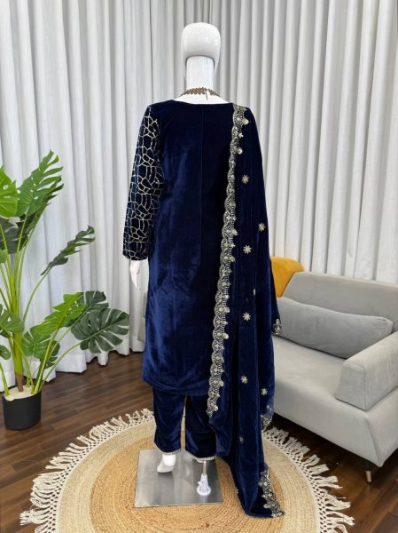 Glorious Velvet Thread and Sequence Work Suit with Matching Pant and Dupatta for Bulk Buyers at Wholesale Rate Winter Wear