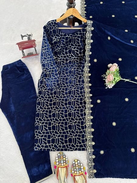 Glorious Velvet Thread and Sequence Work Suit with Matching Pant and Dupatta for Bulk Buyers at Wholesale Rate Winter Wear