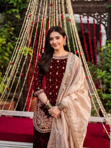 Glorious Maroon Viscose Velvet Embroidered Coding Sequence Top   Pant Set with Organza Dupatta for Festive Functions Ready To Wear Collection