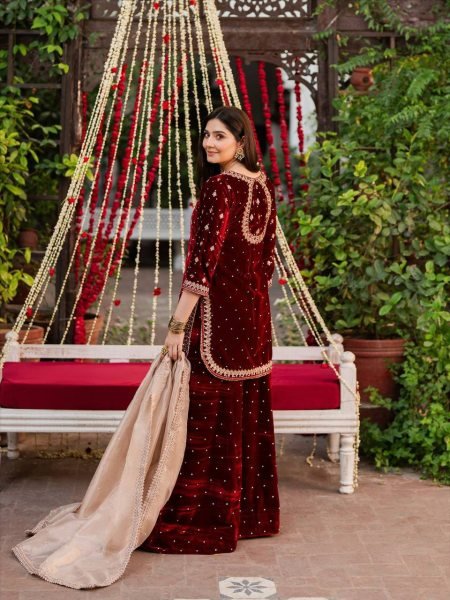Glorious Maroon Viscose Velvet Embroidered Coding Sequence Top   Pant Set with Organza Dupatta for Festive Functions Ready To Wear Collection