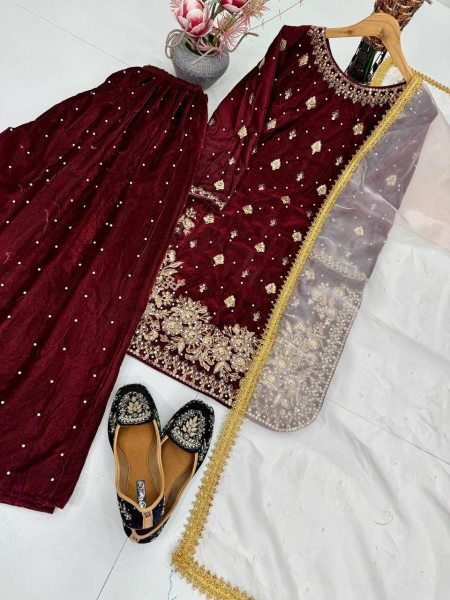 Glorious Maroon Viscose Velvet Embroidered Coding Sequence Top   Pant Set with Organza Dupatta for Festive Functions Ready To Wear Collection
