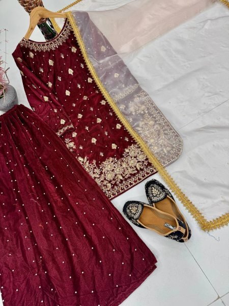 Glorious Maroon Viscose Velvet Embroidered Coding Sequence Top   Pant Set with Organza Dupatta for Festive Functions Ready To Wear Collection
