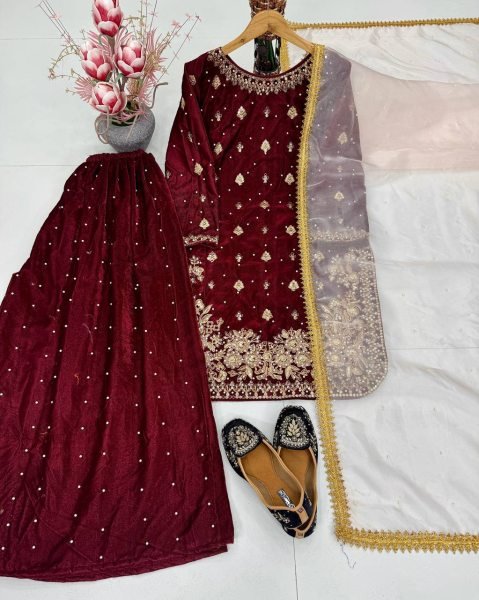 Glorious Maroon Viscose Velvet Embroidered Coding Sequence Top   Pant Set with Organza Dupatta for Festive Functions Ready To Wear Collection