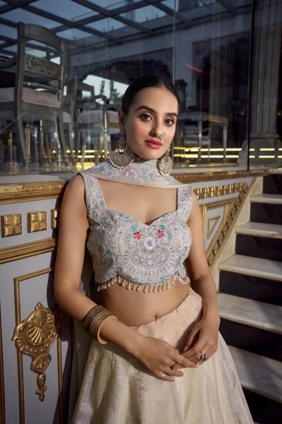 Gold Crush Cream Party Wear Jarkan Work Lehenga Choli Designer Lehenga Choli