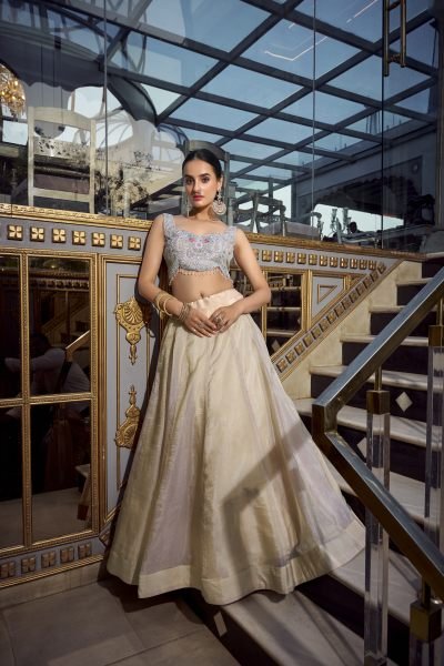 Gold Crush Cream Party Wear Jarkan Work Lehenga Choli Designer Lehenga Choli