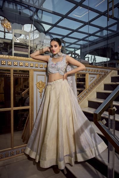 Gold Crush Cream Party Wear Jarkan Work Lehenga Choli Designer Lehenga Choli