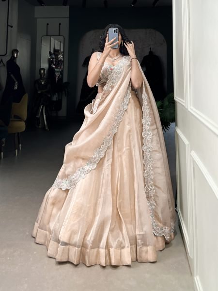 Gold Crush Cream Party Wear Jarkan Work Lehenga Choli Designer Lehenga Choli