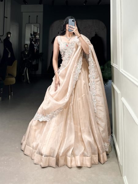 Gold Crush Cream Party Wear Jarkan Work Lehenga Choli Designer Lehenga Choli