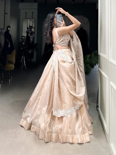 Gold Crush Cream Party Wear Jarkan Work Lehenga Choli Designer Lehenga Choli