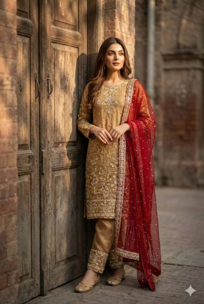 Gold Pakistani Style Straight Cut Suit Set in Silk with Heavy Embroidery For wholesalers Ready To Wear Collection