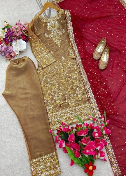 Gold Pakistani Style Straight Cut Suit Set in Silk with Heavy Embroidery For wholesalers Ready To Wear Collection