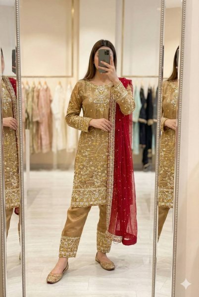 Gold Pakistani Style Straight Cut Suit Set in Silk with Heavy Embroidery For wholesalers Ready To Wear Collection