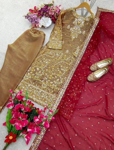 Gold Pakistani Style Straight Cut Suit Set in Silk with Heavy Embroidery For wholesalers Ready To Wear Collection