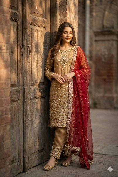 Gold Pakistani Style Straight Cut Suit Set in Silk with Heavy Embroidery For wholesalers Ready To Wear Collection