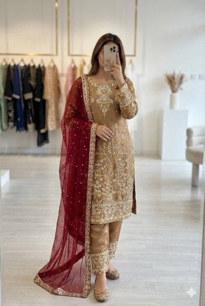Gold Pakistani Style Straight Cut Suit Set in Silk with Heavy Embroidery For wholesalers Ready To Wear Collection