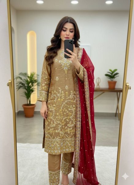 Gold Pakistani Style Straight Cut Suit Set in Silk with Heavy Embroidery For wholesalers Ready To Wear Collection