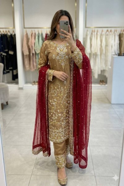 Gold Pakistani Style Straight Cut Suit Set in Silk with Heavy Embroidery For wholesalers Ready To Wear Collection