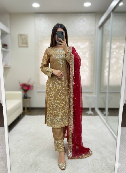 Gold Pakistani Style Straight Cut Suit Set in Silk with Heavy Embroidery For wholesalers Ready To Wear Collection