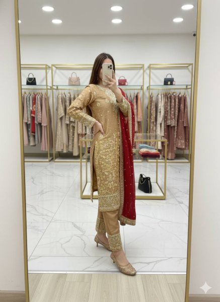 Gold Pakistani Style Straight Cut Suit Set in Silk with Heavy Embroidery For wholesalers Ready To Wear Collection