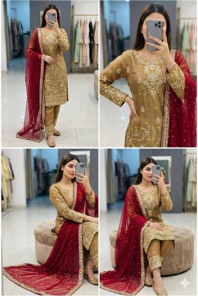 Gold Pakistani Style Straight Cut Suit Set in Silk with Heavy Embroidery For wholesalers Ready To Wear Collection