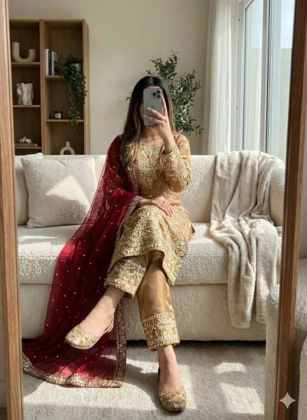 Gold Pakistani Style Straight Cut Suit Set in Silk with Heavy Embroidery For wholesalers Ready To Wear Collection