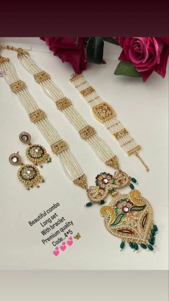 Gold Plated Long Necklace & Bracelet Set Perfect Bridal Jewelry for Wedding  & Festive Wear Fashion Accessories Wholesale