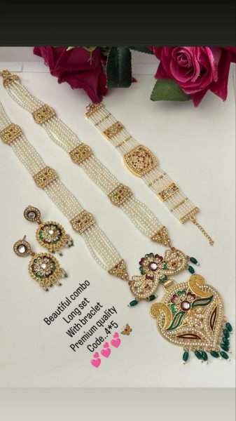 Gold Plated Long Necklace & Bracelet Set Perfect Bridal Jewelry for Wedding  & Festive Wear Fashion Accessories Wholesale